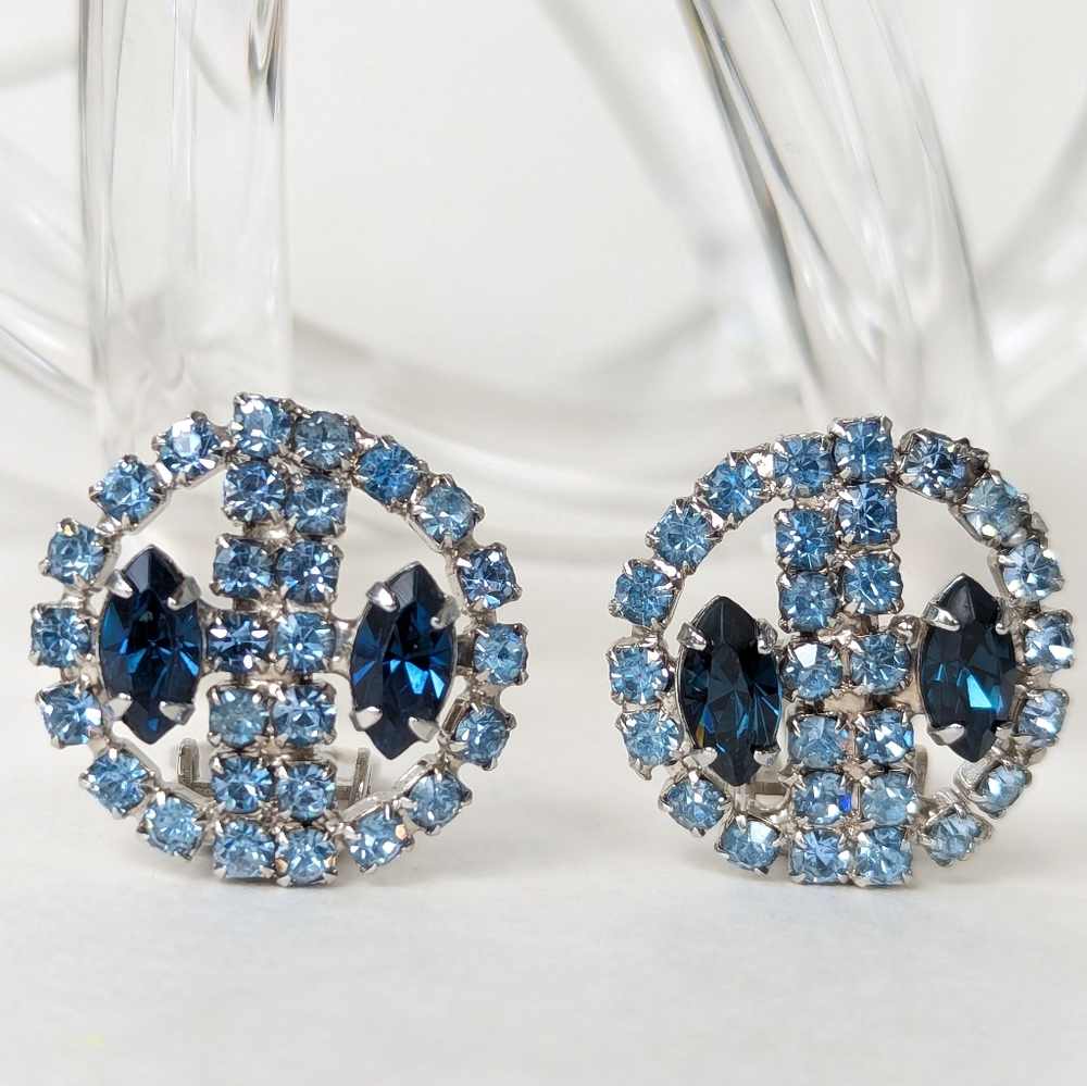 Vintage 2 Tone Blue Rhinestone Clip On Earrings Circle Shape Mid Century Elegant